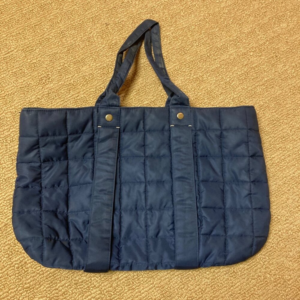 Clare V. Tropezienne Tote Quilted Puffer Bag Navy Blue Flaw inside Straps